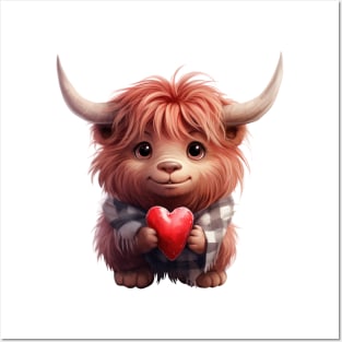 Valentine Highland Cow Holding Heart Posters and Art